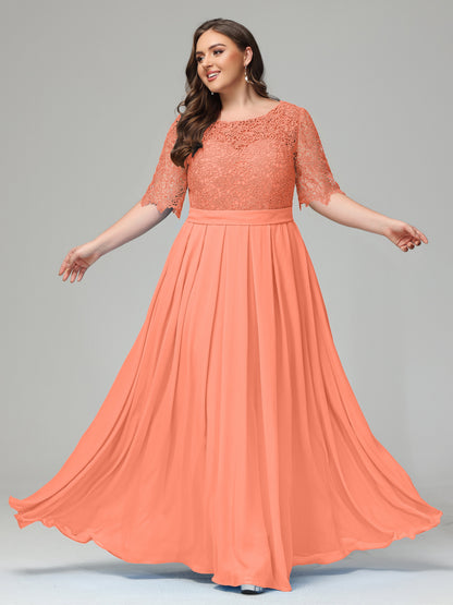 Illussion Neckline and Back Half Sleeves Scoop Lace Plus Size Bridesmaid Dresses