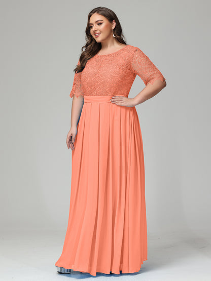Illussion Neckline and Back Half Sleeves Scoop Lace Plus Size Bridesmaid Dresses
