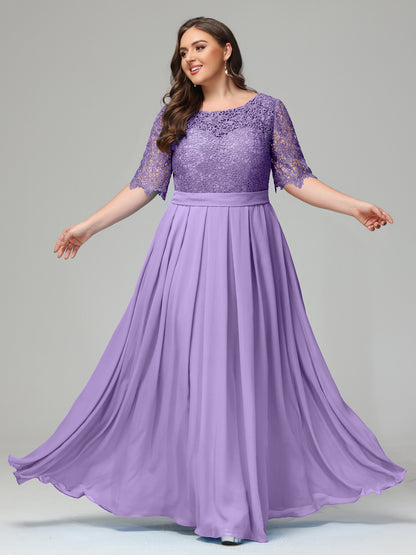 Illussion Neckline and Back Half Sleeves Scoop Lace Plus Size Bridesmaid Dresses