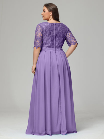 Illussion Neckline and Back Half Sleeves Scoop Lace Plus Size Bridesmaid Dresses