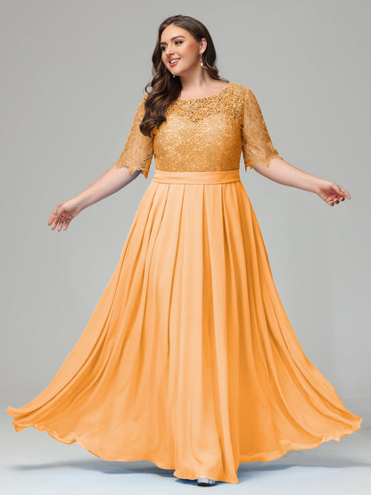Illussion Neckline and Back Half Sleeves Scoop Lace Plus Size Bridesmaid Dresses