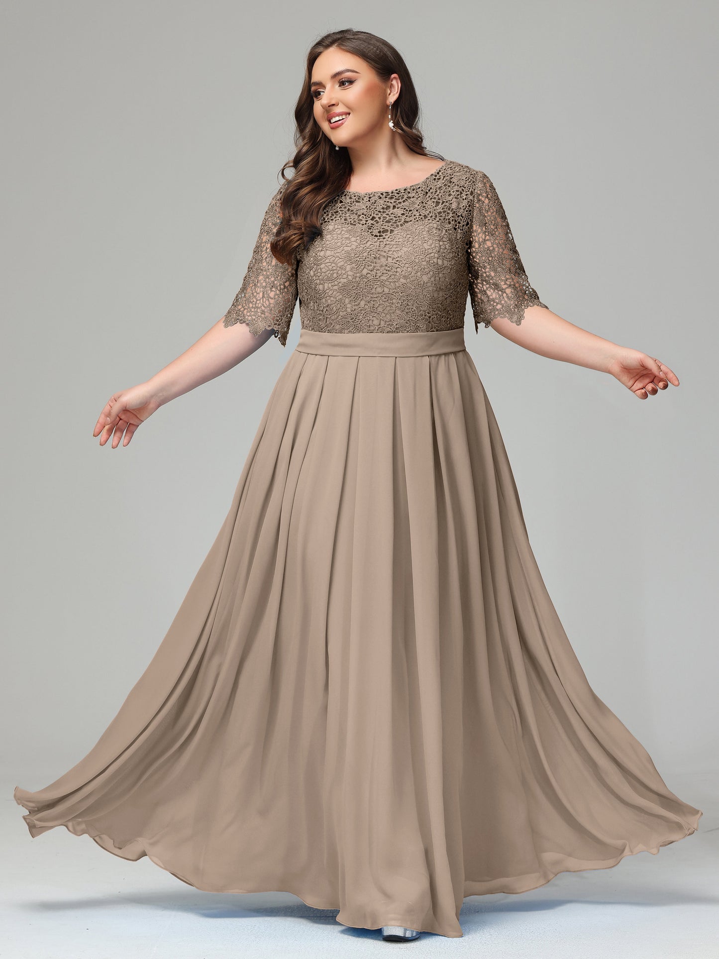 Illussion Neckline and Back Half Sleeves Scoop Lace Plus Size Bridesmaid Dresses