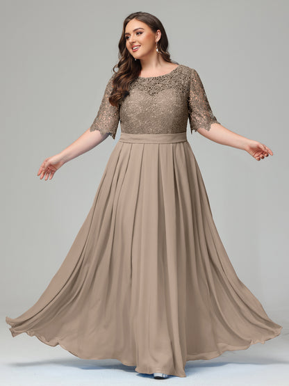 Illussion Neckline and Back Half Sleeves Scoop Lace Plus Size Bridesmaid Dresses
