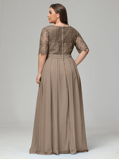 Illussion Neckline and Back Half Sleeves Scoop Lace Plus Size Bridesmaid Dresses