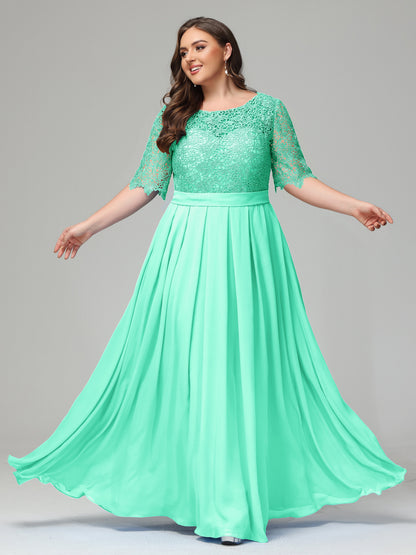Illussion Neckline and Back Half Sleeves Scoop Lace Plus Size Bridesmaid Dresses