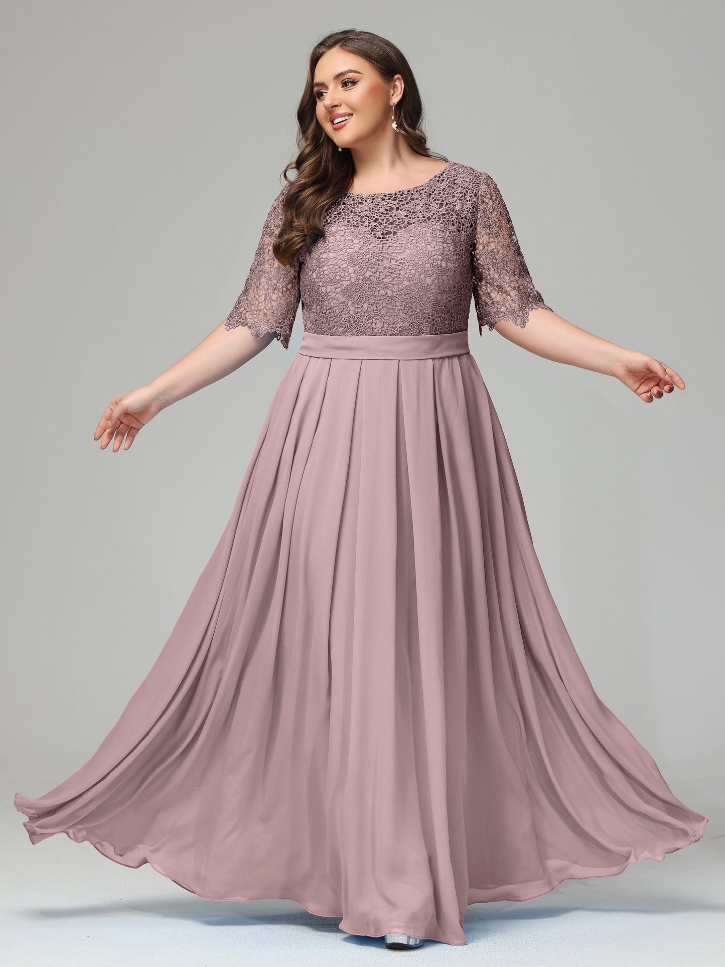 Illussion Neckline and Back Half Sleeves Scoop Lace Plus Size Bridesmaid Dresses