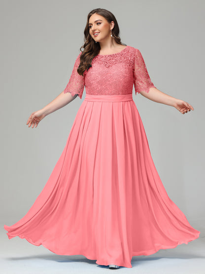 Illussion Neckline and Back Half Sleeves Scoop Lace Plus Size Bridesmaid Dresses