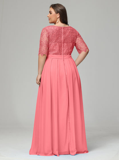 Illussion Neckline and Back Half Sleeves Scoop Lace Plus Size Bridesmaid Dresses