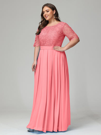 Illussion Neckline and Back Half Sleeves Scoop Lace Plus Size Bridesmaid Dresses