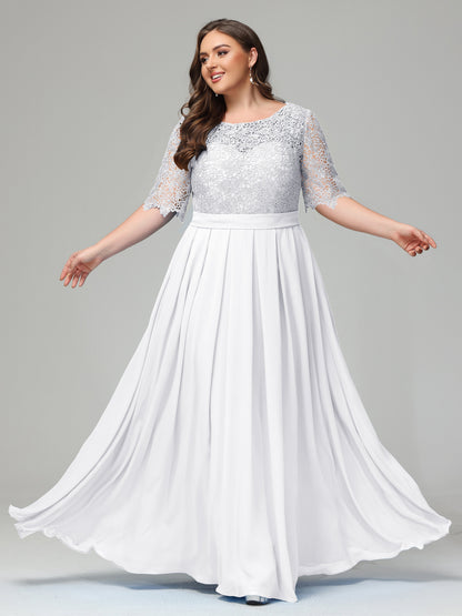 Illussion Neckline and Back Half Sleeves Scoop Lace Plus Size Bridesmaid Dresses