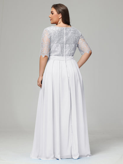 Illussion Neckline and Back Half Sleeves Scoop Lace Plus Size Bridesmaid Dresses