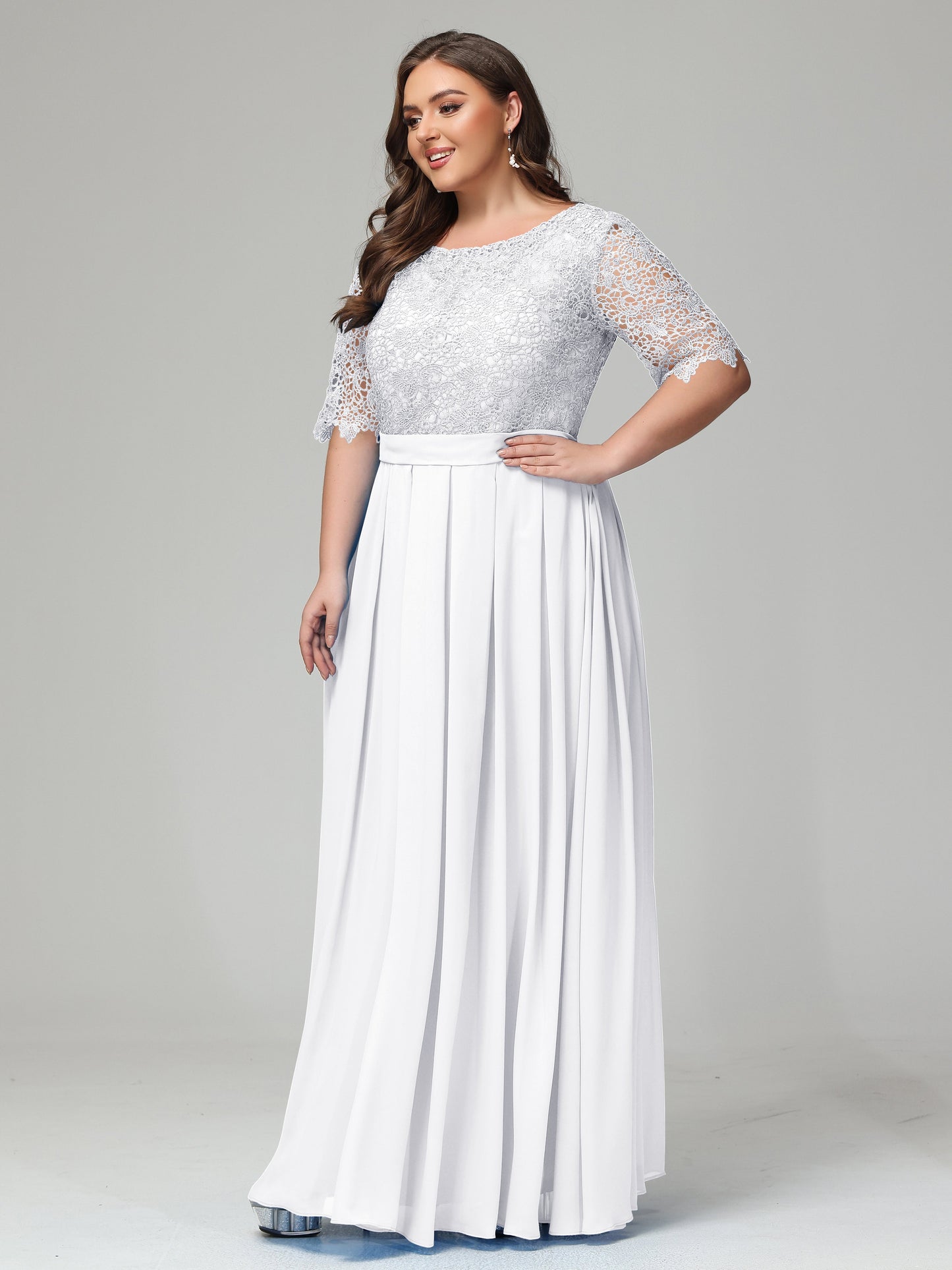 Illussion Neckline and Back Half Sleeves Scoop Lace Plus Size Bridesmaid Dresses