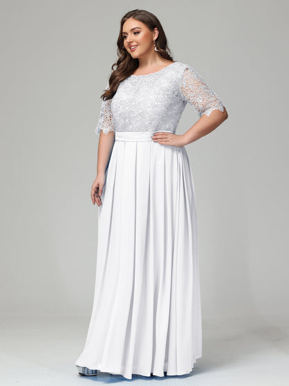Illussion Neckline and Back Half Sleeves Scoop Lace Plus Size Bridesmaid Dresses