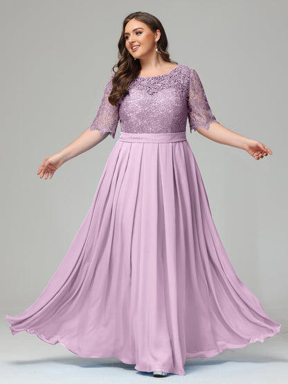 Illussion Neckline and Back Half Sleeves Scoop Lace Plus Size Bridesmaid Dresses