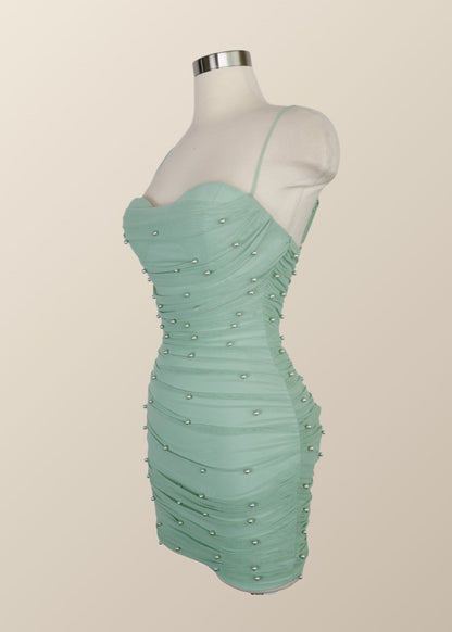 Straps Blue Tight Mini Dress with Pearls