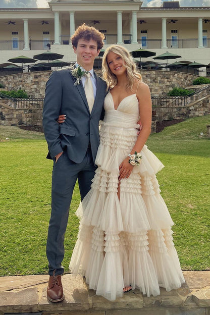Pink Tiered Ruffle Long Ball Gown with Straps