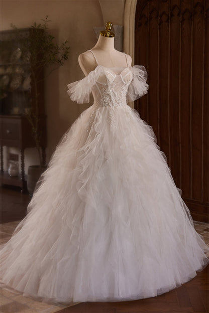 Straps Sheer Corset Ivory Ruffles Wedding Gown