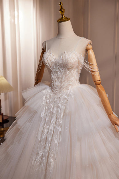 Straps Ivory Tulle Tiered Wedding Gown