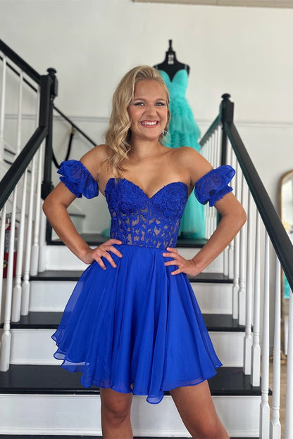 Sweetheart Blue Lace and Chiffon Short Dress