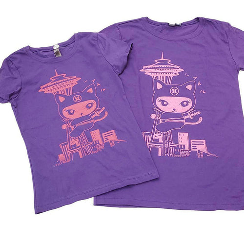 Kids Tee - Seattle Ninja Kitty Pink on Purple by Namu