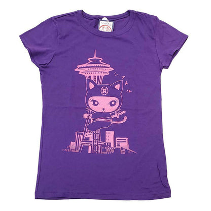 NM5014X $25 - Size XL (14-16) - Pink Ninja Kitty on Purple Seattle Kid's Tee