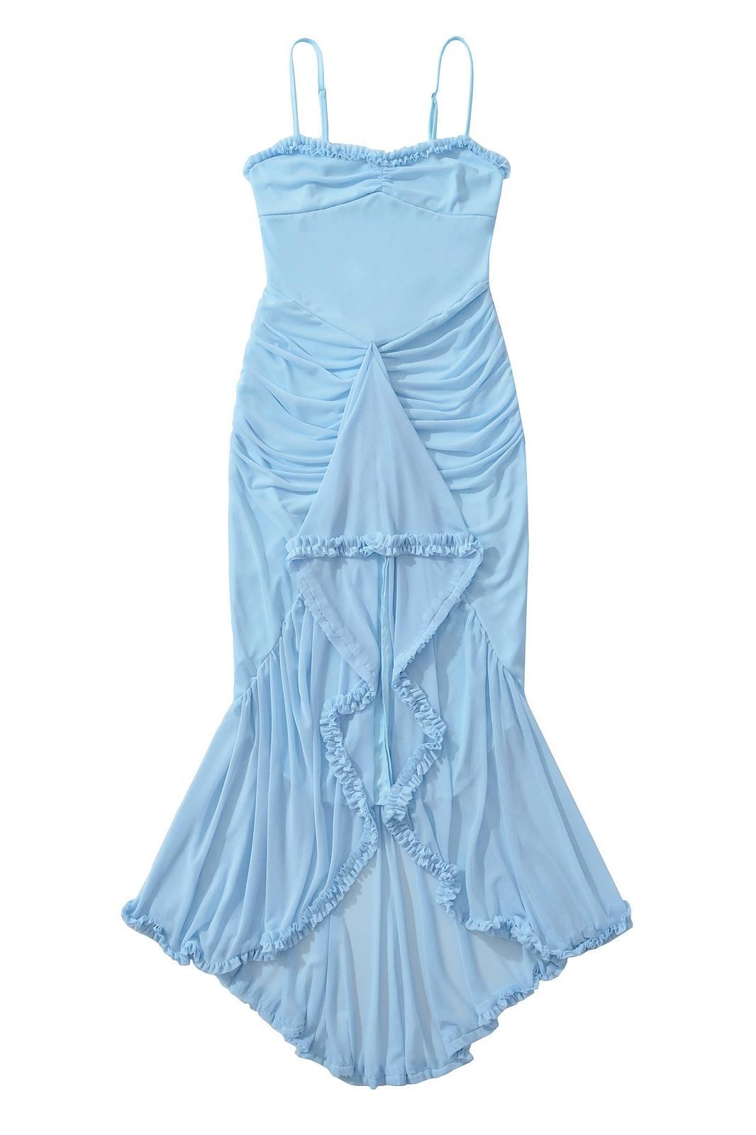Straps Yellow Ruffled Front Irregular Long Dress