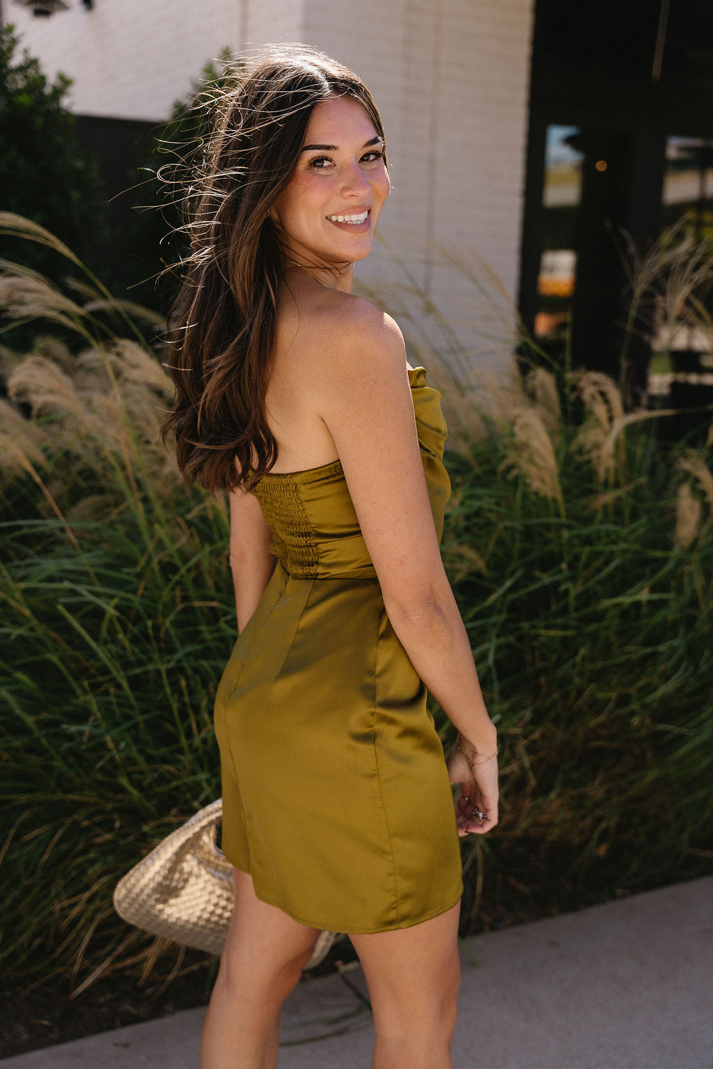 Alexia Olive Satin Strapless Mini Dress