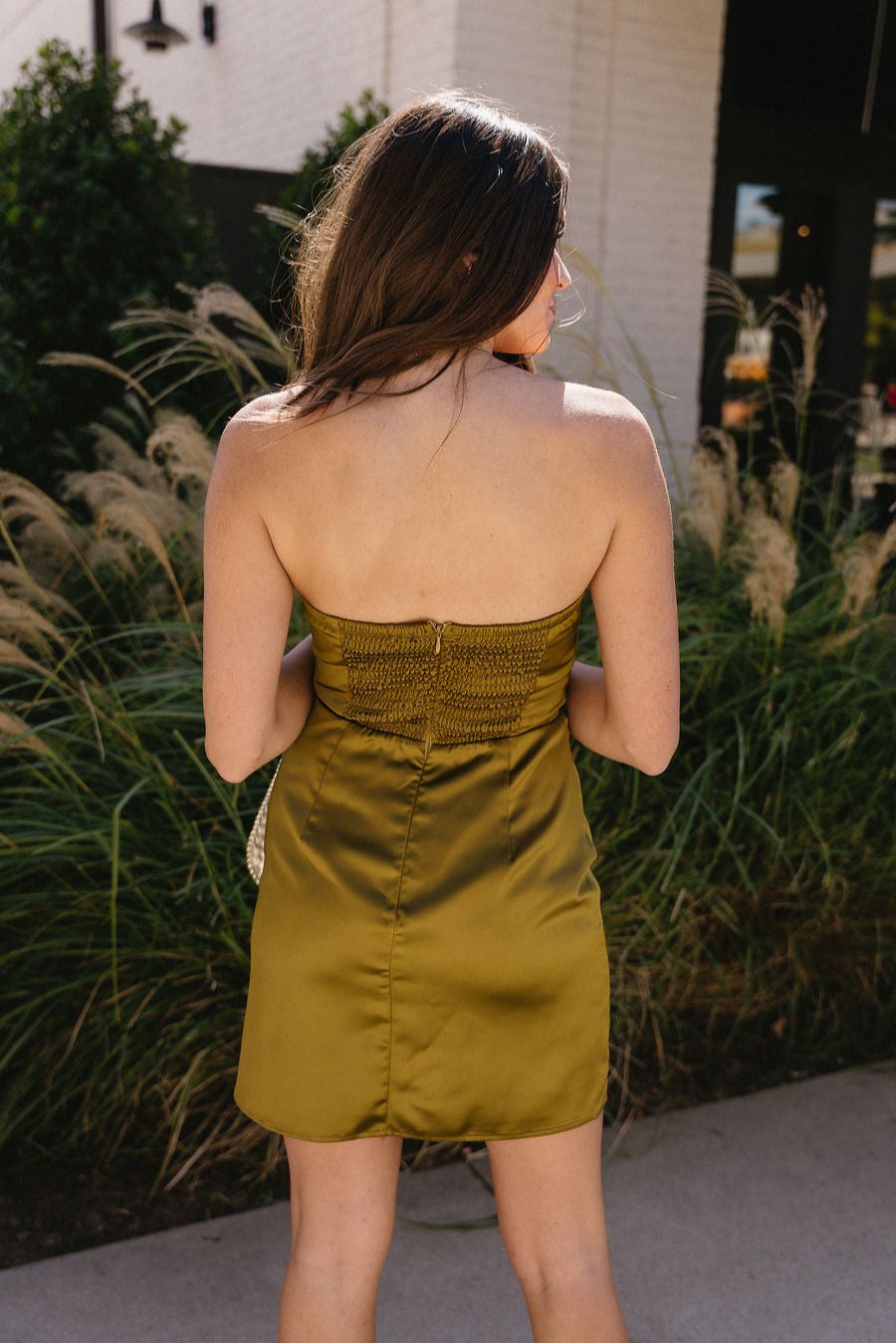 Alexia Olive Satin Strapless Mini Dress