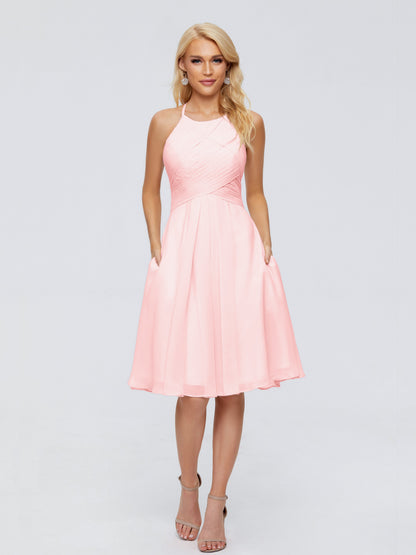 Molly Halter Knee Length Chiffon Bridesmaid Dresses With Pockets