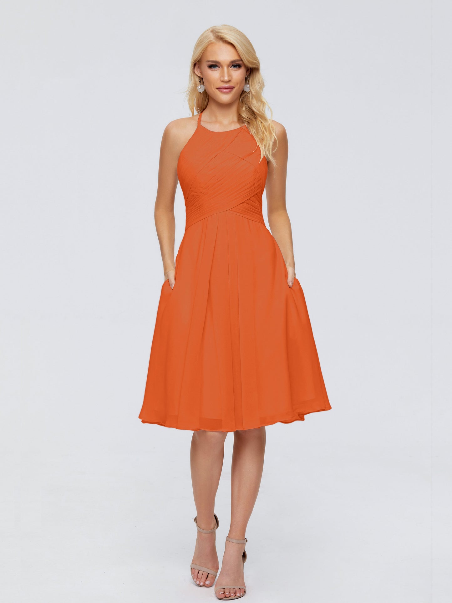 Molly Halter Knee Length Chiffon Bridesmaid Dresses With Pockets