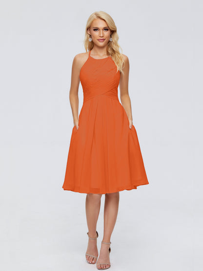 Molly Halter Knee Length Chiffon Bridesmaid Dresses With Pockets