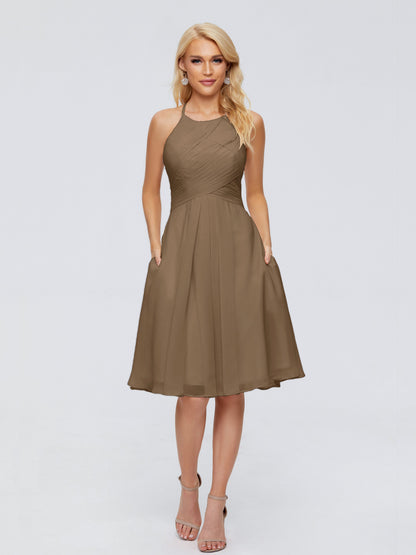 Molly Halter Knee Length Chiffon Bridesmaid Dresses With Pockets