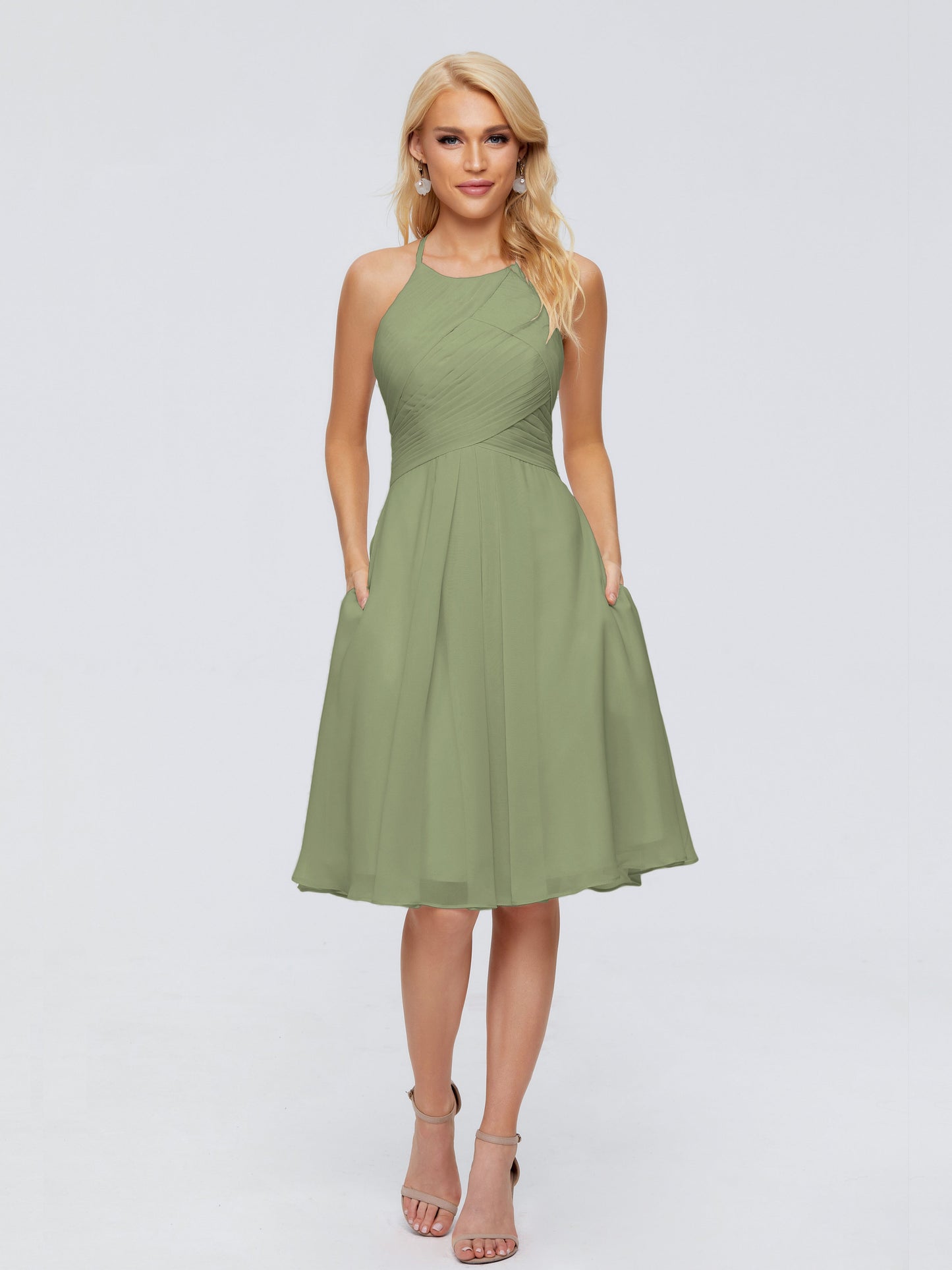 Molly Halter Knee Length Chiffon Bridesmaid Dresses With Pockets