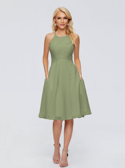 Molly Halter Knee Length Chiffon Bridesmaid Dresses With Pockets