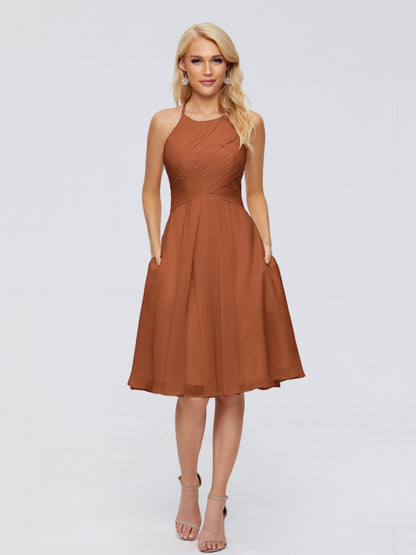 Molly Halter Knee Length Chiffon Bridesmaid Dresses With Pockets
