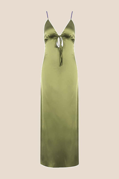 Plunge Neck Pink Back Tie Long Dress
