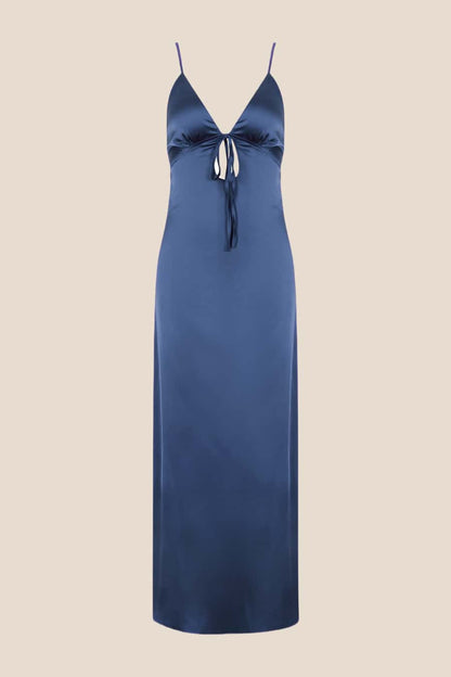 Plunge Neck Pink Back Tie Long Dress