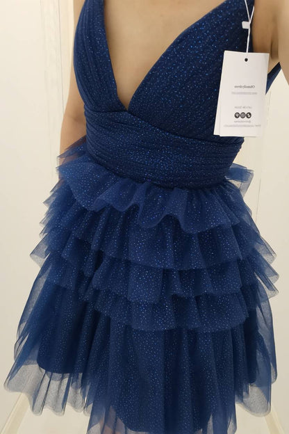 Straps Periwinkle Tiered Ruffle Short A-line Homecoming Dress