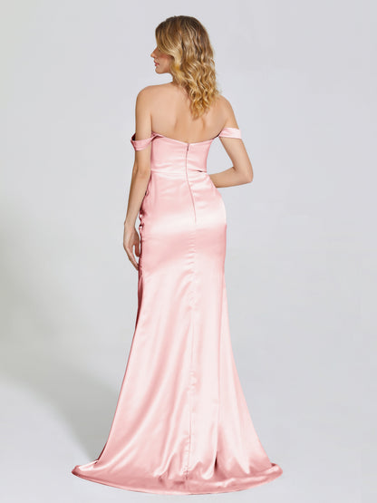 Alivia Off-Shoulder Side Slit Soft Satin Bridesmaid Dress