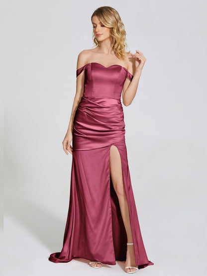 Alivia Off-Shoulder Side Slit Soft Satin Bridesmaid Dress