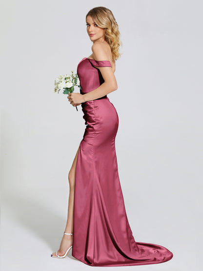Alivia Off-Shoulder Side Slit Soft Satin Bridesmaid Dress