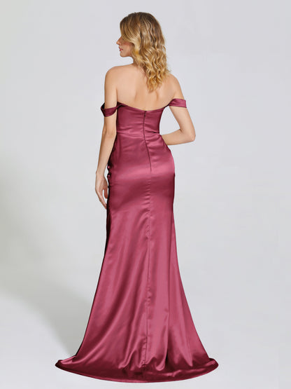 Alivia Off-Shoulder Side Slit Soft Satin Bridesmaid Dress