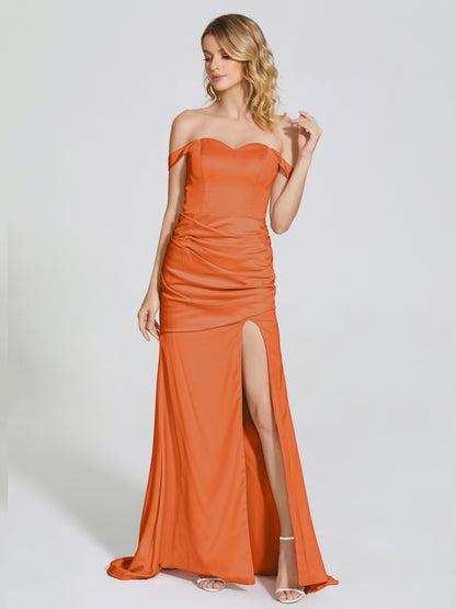 Alivia Off-Shoulder Side Slit Soft Satin Bridesmaid Dress