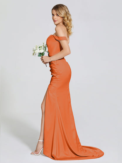 Alivia Off-Shoulder Side Slit Soft Satin Bridesmaid Dress