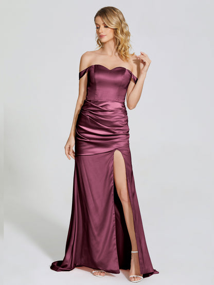 Alivia Off-Shoulder Side Slit Soft Satin Bridesmaid Dress
