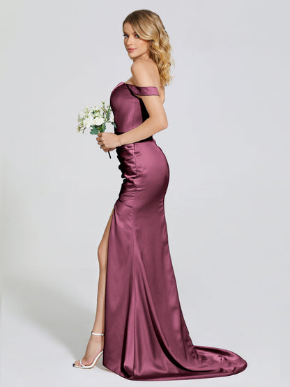 Alivia Off-Shoulder Side Slit Soft Satin Bridesmaid Dress