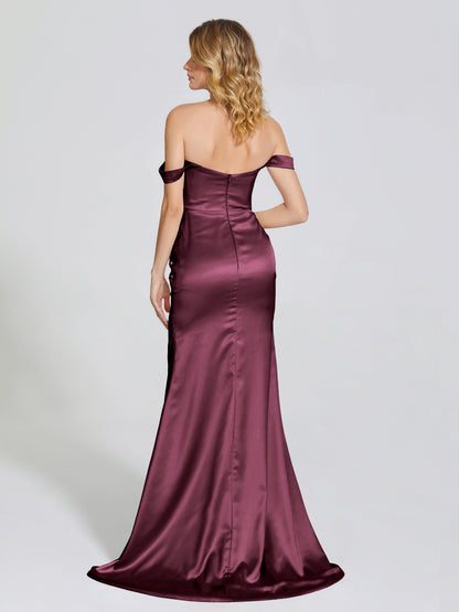 Alivia Off-Shoulder Side Slit Soft Satin Bridesmaid Dress