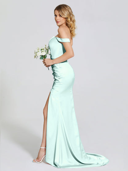 Alivia Off-Shoulder Side Slit Soft Satin Bridesmaid Dress