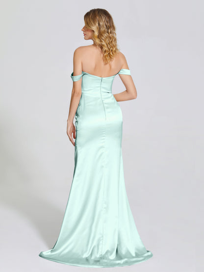 Alivia Off-Shoulder Side Slit Soft Satin Bridesmaid Dress