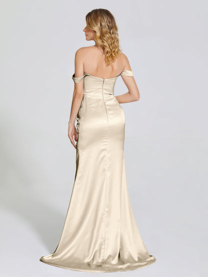 Alivia Off-Shoulder Side Slit Soft Satin Bridesmaid Dress